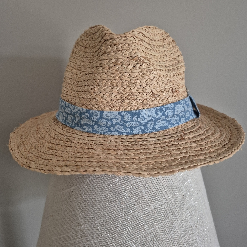 Sun N Sand Fedora Straw Hat With Cotton Linen Blue + White Band